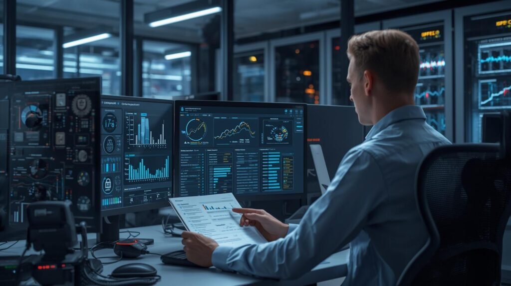 Cybersecurity compliance analyst reviewing a SOC 2 compliance checklist and data protection dashboards in a modern U.S. corporate IT security office.