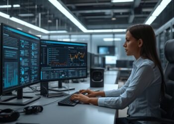 Cybersecurity compliance analyst reviewing a SOC 2 compliance checklist and data protection dashboards in a modern U.S. corporate IT security office.