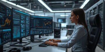 Cybersecurity compliance analyst reviewing a SOC 2 compliance checklist and data protection dashboards in a modern U.S. corporate IT security office.