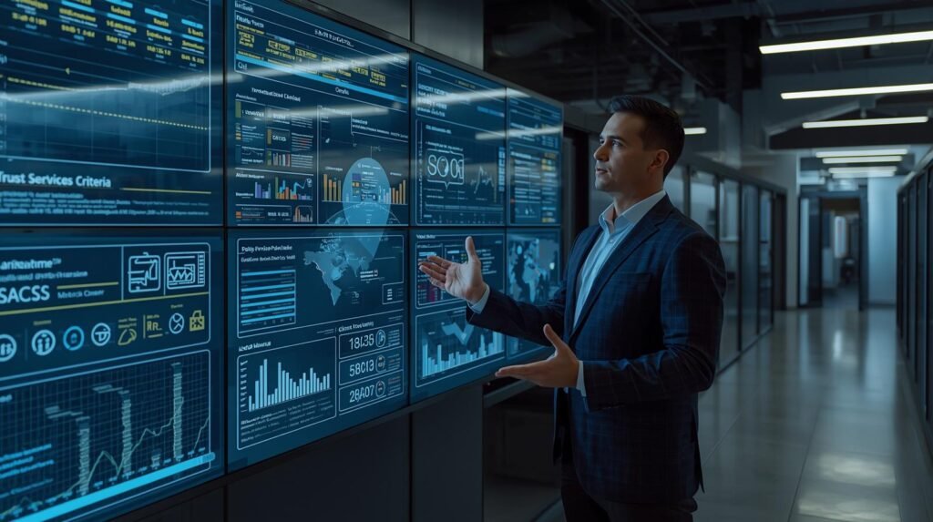 Cybersecurity compliance manager reviewing SOC 2 framework dashboards and data security controls in a modern U.S. IT security operations center.