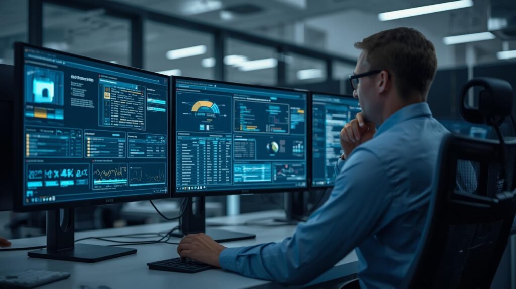 SOC 2 compliance analyst reviewing cybersecurity dashboards and data security controls in a modern corporate IT security office.