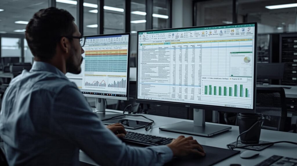 Cybersecurity compliance analyst reviewing a SOC 2 compliance checklist Excel spreadsheet and security dashboards in a modern U.S. IT security office.