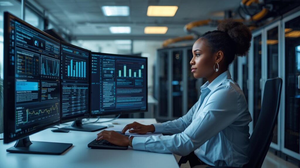 Cybersecurity compliance analyst reviewing a SOC 2 compliance checklist for 2026 on digital dashboards in a modern U.S. IT security operations center.