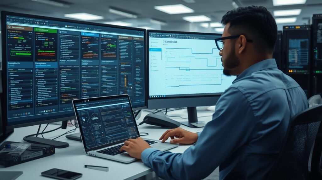 Cybersecurity compliance specialist reviewing a SOC 2 compliance checklist template and data security dashboards in a modern U.S. IT security office.
