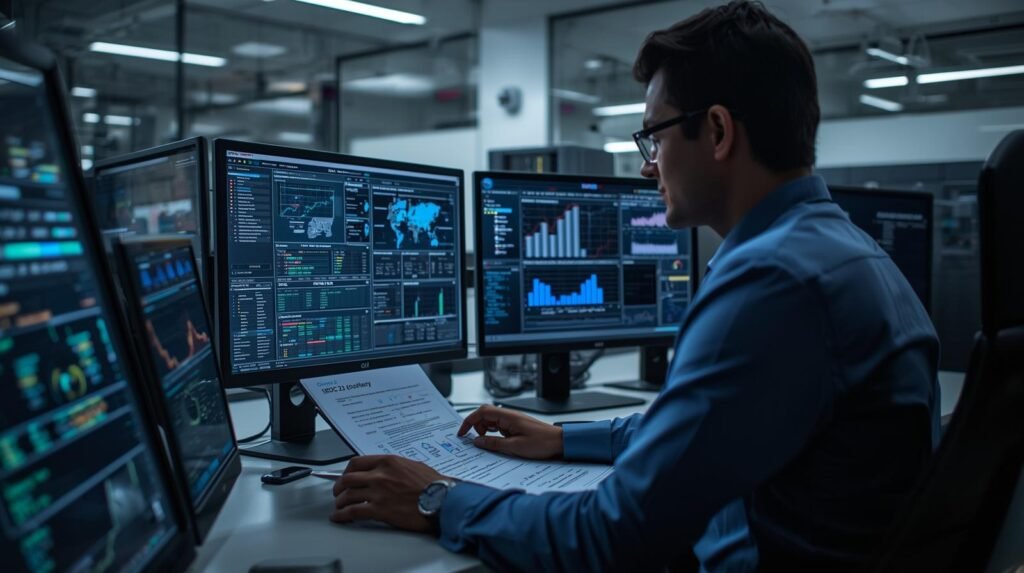 Cybersecurity auditor reviewing a SOC 2 Type 2 compliance checklist and security audit dashboards in a modern U.S. IT security operations center.