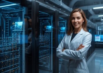 Quantum computing engineer and executive in a modern U.S. lab with advanced quantum computer hardware and data displays.