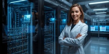 Quantum computing engineer and executive in a modern U.S. lab with advanced quantum computer hardware and data displays.