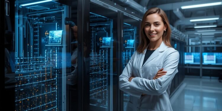 Quantum computing engineer and executive in a modern U.S. lab with advanced quantum computer hardware and data displays.