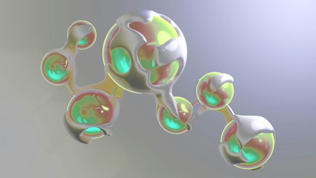 3D molecular design representing advanced drug development powered by quantum simulations and modern computational techniques