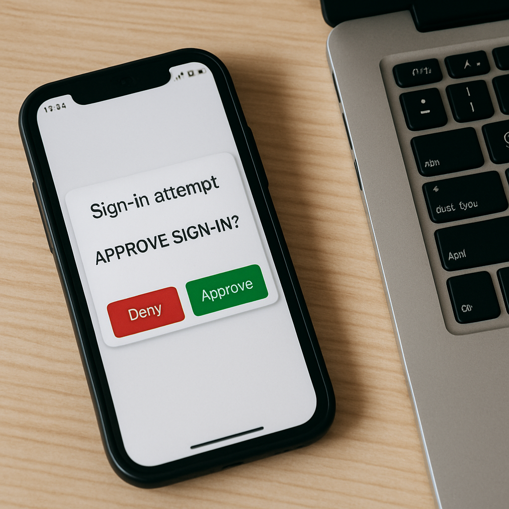 Smartphone displaying a multi-factor authentication approval request next to a laptop, demonstrating secure login verification for cybersecurity access control.