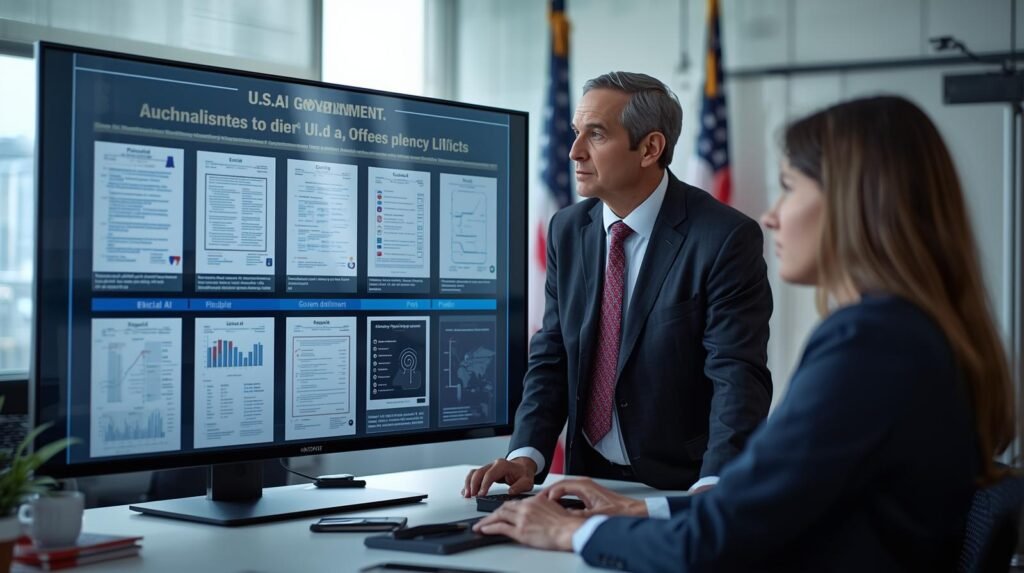 technology advisor reviewing US AI guidelines and regulatory documents on a digital screen in a modern office.