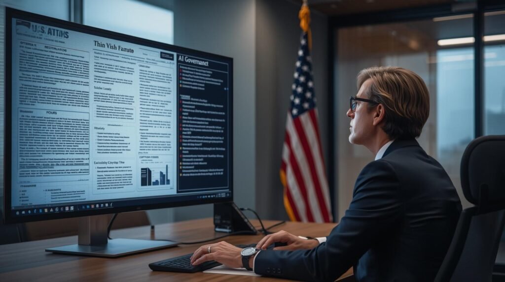 US AI Laws: U.S. legal expert reviewing AI laws and regulatory documents on a digital screen in a government office.