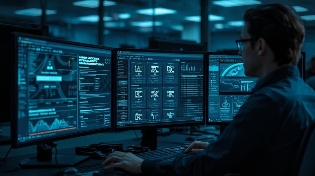 Cybersecurity analyst monitoring user access management dashboards and role-based access controls in a modern corporate IT security office.