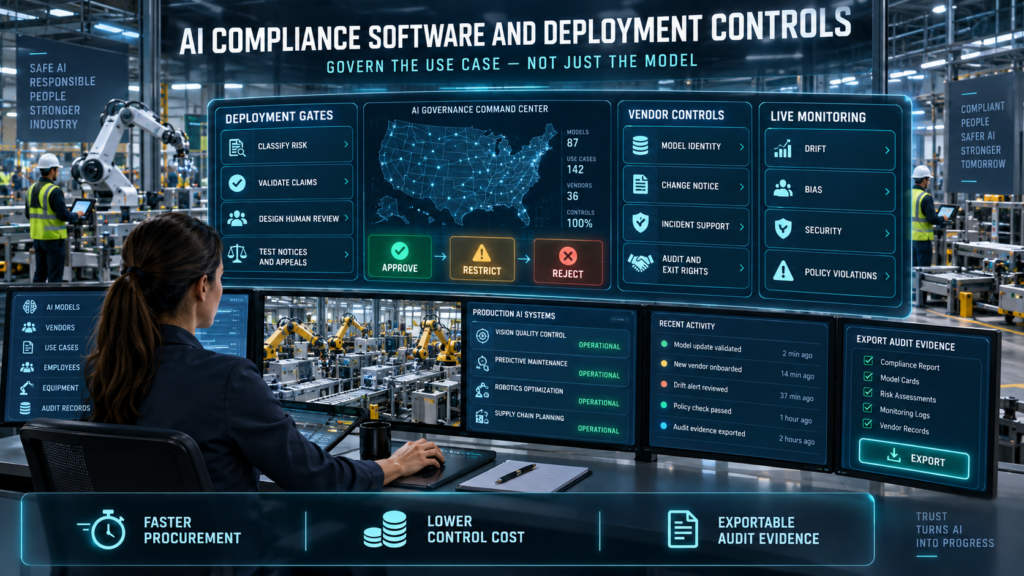 AI compliance manager monitoring deployment gates, vendor controls, model risks, and audit evidence inside an automated factory.