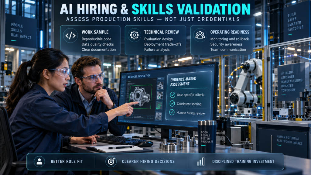 Two professionals reviewing an AI work sample in a factory, with panels covering technical assessment and operating readiness.