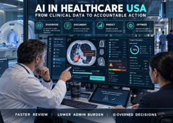 U.S. hospital clinicians reviewing AI-assisted medical imaging, patient risk scores, clinical timelines, bed capacity and audit trails on an integrated healthcare dashboard.