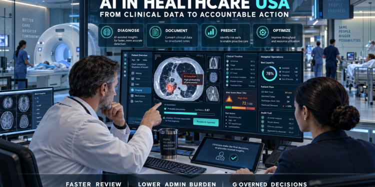 U.S. hospital clinicians reviewing AI-assisted medical imaging, patient risk scores, clinical timelines, bed capacity and audit trails on an integrated healthcare dashboard.
