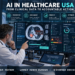U.S. hospital clinicians reviewing AI-assisted medical imaging, patient risk scores, clinical timelines, bed capacity and audit trails on an integrated healthcare dashboard.