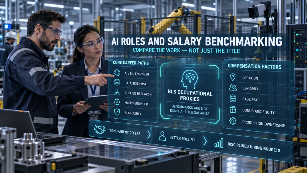 ai jobs in the usa: Two professionals reviewing AI career paths and compensation factors through glassmorphic panels in a smart factory.