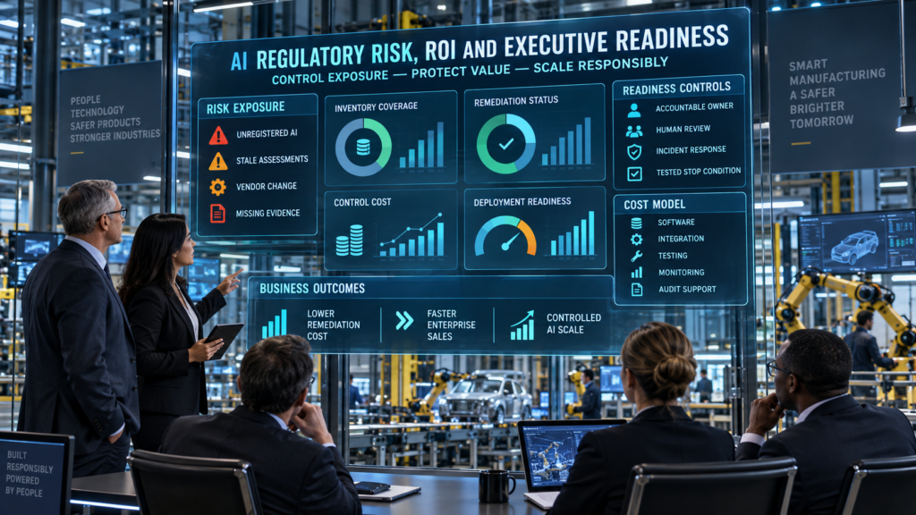 Executives reviewing AI regulatory risks, governance costs, remediation status, and deployment readiness inside an automated factory.