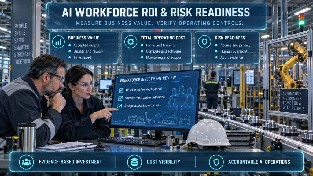 Two professionals reviewing AI workforce investment in a factory, with panels covering business value, operating costs, and risk controls.