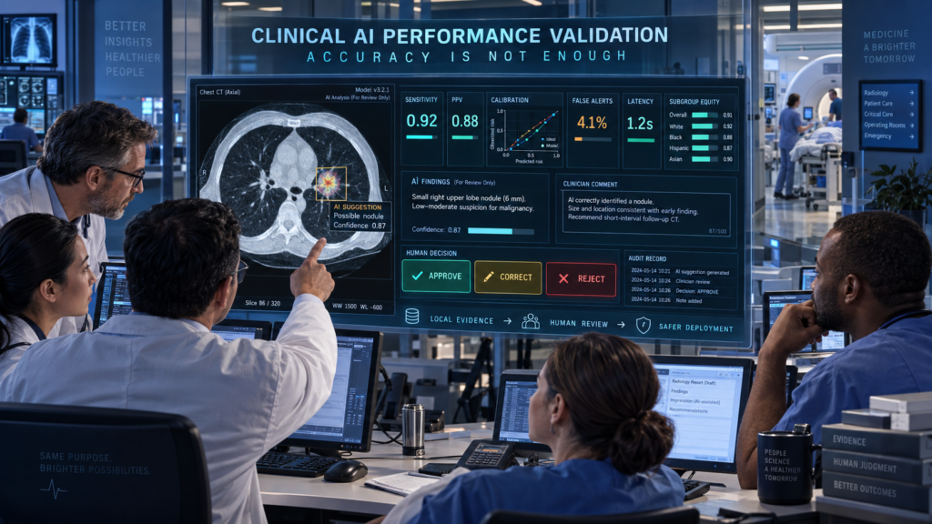 Multidisciplinary hospital team validating an AI-assisted chest scan using sensitivity, positive predictive value, calibration, false-alert, latency and subgroup-equity metrics.