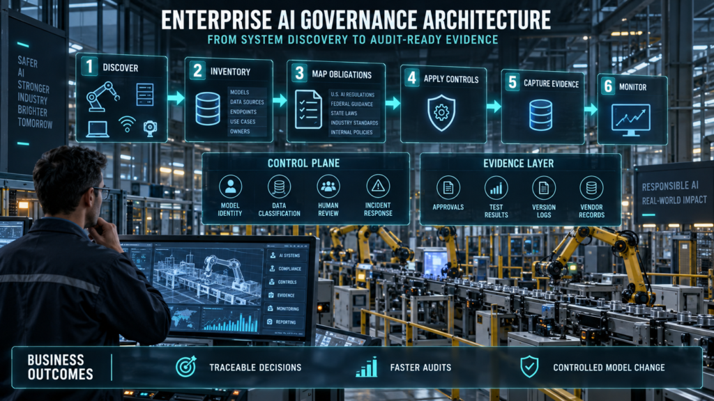 Enterprise AI governance architecture connecting system discovery, inventory, regulatory obligations, controls, evidence, and monitoring inside a smart factory.
