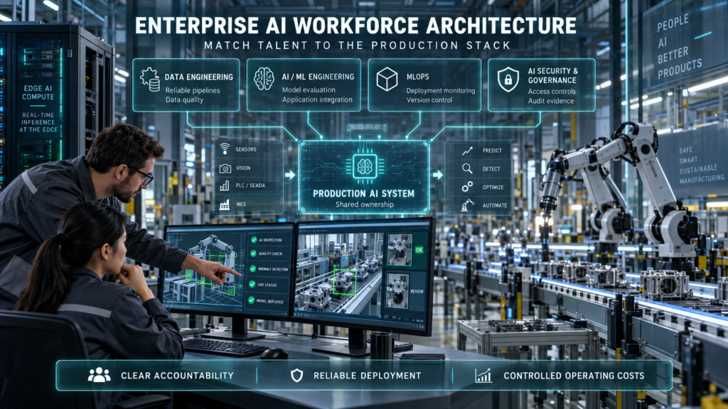Two professionals monitoring factory AI systems beneath panels outlining data engineering, AI engineering, MLOps, and security responsibilities.
