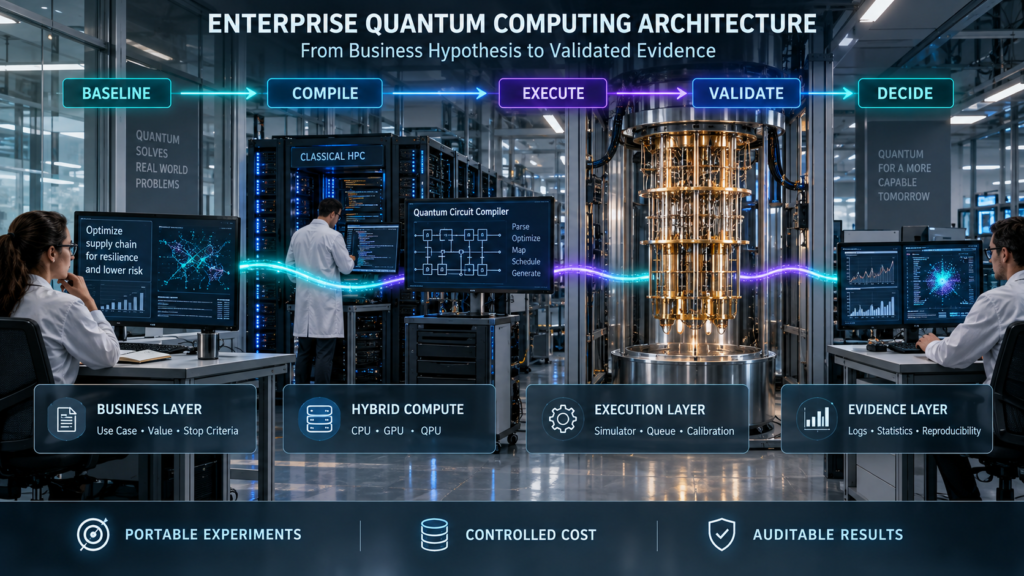 Enterprise quantum computing architecture connecting a business hypothesis, classical HPC, circuit compilation, QPU execution, statistical validation, and investment decisions.