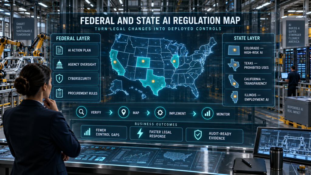 Enterprise compliance officer reviewing a U.S. map of federal and state AI regulation updates inside an automated factory.