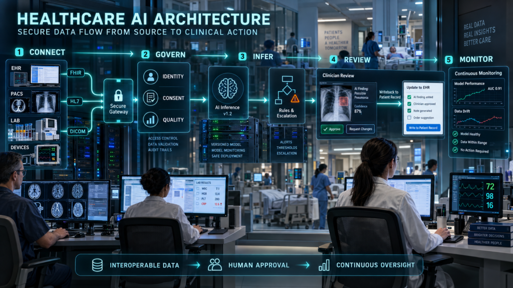 AI in Healthcare architecture connecting EHR, PACS, laboratory and medical-device data through governance, AI inference, clinician review and continuous monitoring.