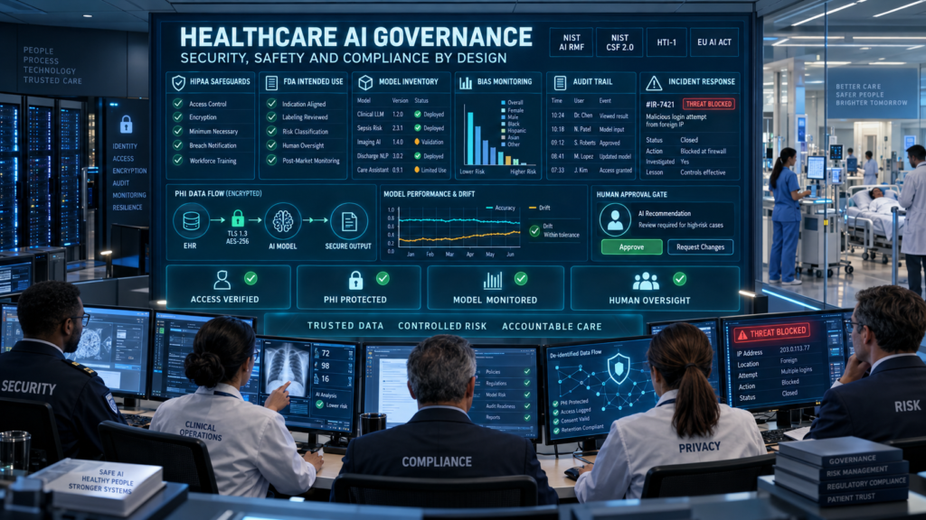 Hospital governance team monitoring HIPAA safeguards, FDA intended use, model inventory, bias, audit trails, cybersecurity incidents and human oversight.
