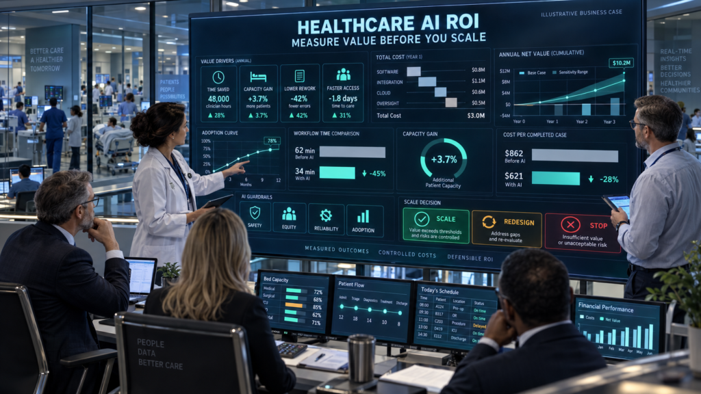 Hospital leaders evaluating healthcare AI ROI through time savings, capacity gains, adoption, workflow efficiency, costs, safety and scale-or-stop decisions.