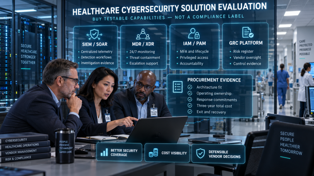 Healthcare executives evaluating SIEM, MDR, identity management and GRC capabilities against architecture, operating responsibility, response and total-cost criteria.