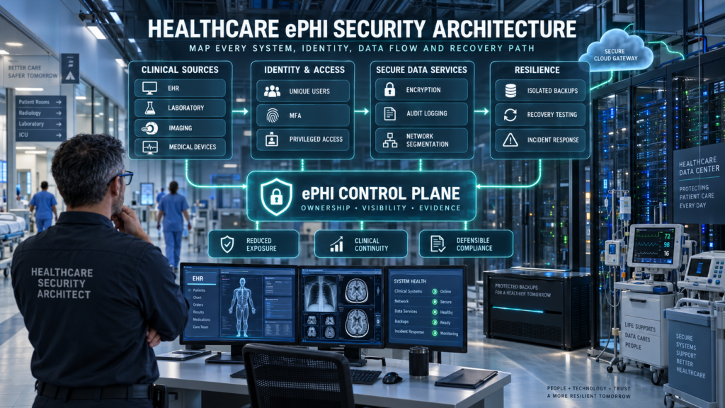 HIPAA cybersecurity requirements: Healthcare security architect monitoring an ePHI architecture connecting clinical systems, identity controls, encryption, audit logging, network segmentation and protected backups.
Caption: A defensible HIPAA security architecture maps every clinical system, identity, data flow and recovery dependency.