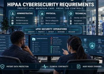 Healthcare cybersecurity professionals monitoring ePHI security, clinical systems, threat alerts and recovery controls in a modern hospital operations center.