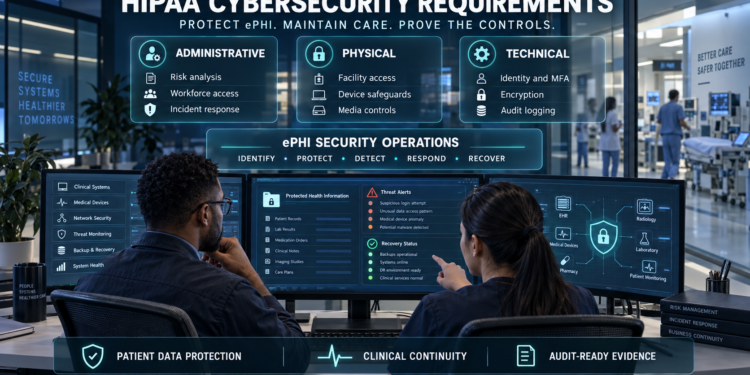 Healthcare cybersecurity professionals monitoring ePHI security, clinical systems, threat alerts and recovery controls in a modern hospital operations center.
