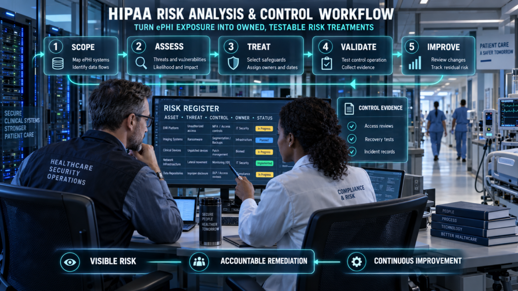 Healthcare security and compliance professionals reviewing a risk register that maps ePHI systems, threats, safeguards, control evidence and remediation ownership.
