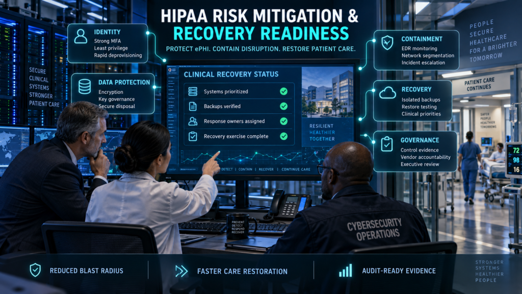 Healthcare leaders reviewing MFA, encryption, threat containment, isolated backups, and clinical recovery controls in a hospital cybersecurity operations center.