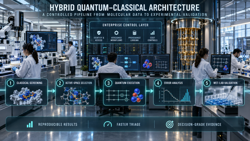 Quantum Molecular Simulation: Hybrid quantum-classical drug discovery architecture connecting classical screening, active-space selection, quantum execution, error analysis, and wet-lab validation.