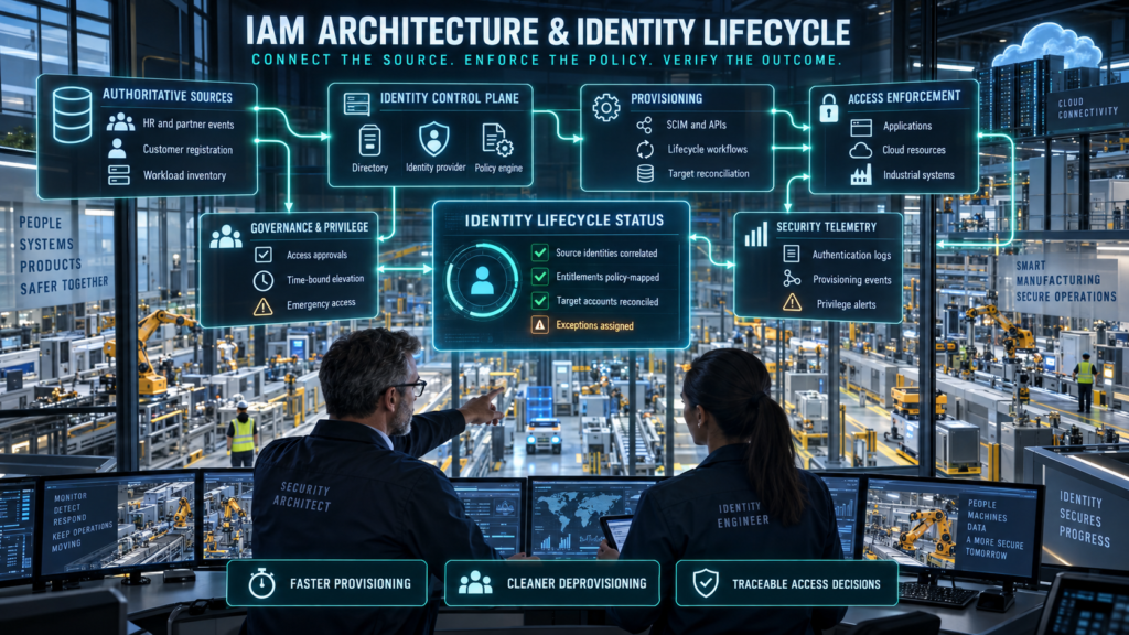Identity and Access Management: Security architect and identity engineer reviewing authoritative identity sources, identity provider, policy engine, provisioning workflows, access enforcement, governance, privilege, and security telemetry inside a smart factory.
