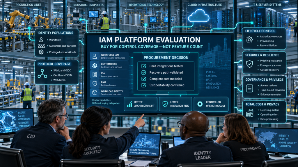 CIO, security architect, identity leader, and procurement executive evaluating IAM identity populations, protocol support, lifecycle controls, resilience, governance, privacy, and operating cost inside a smart factory.