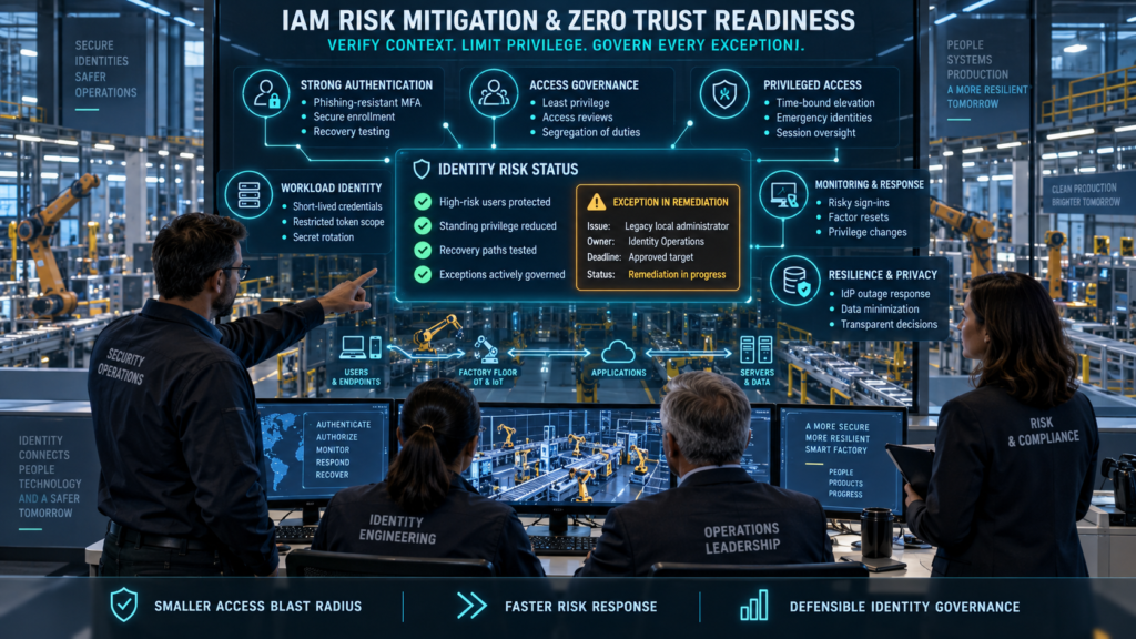 Security, identity, operations, and risk leaders reviewing strong authentication, access governance, privileged access, workload identities, monitoring, resilience, privacy, and an actively managed IAM exception.