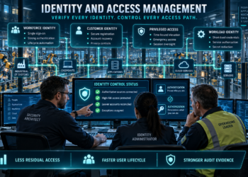 Security architect, identity administrator, and operations leader monitoring workforce, customer, privileged, and workload identities in a connected smart-factory security control center.