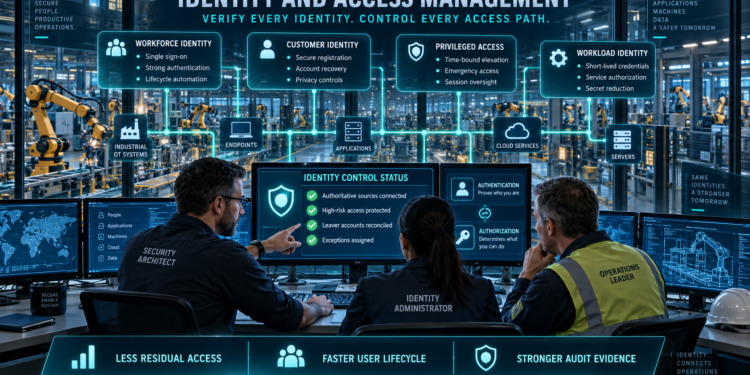 Security architect, identity administrator, and operations leader monitoring workforce, customer, privileged, and workload identities in a connected smart-factory security control center.