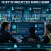 Security architect, identity administrator, and operations leader monitoring workforce, customer, privileged, and workload identities in a connected smart-factory security control center.