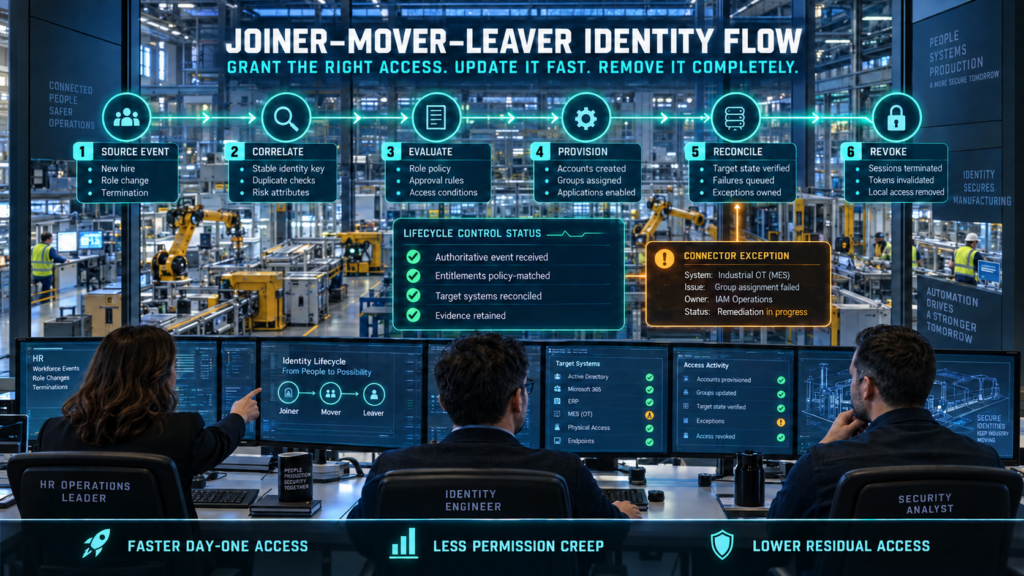 HR operations leader, identity engineer, and security analyst monitoring six stages of employee identity provisioning, reconciliation, access changes, and revocation inside a smart factory.