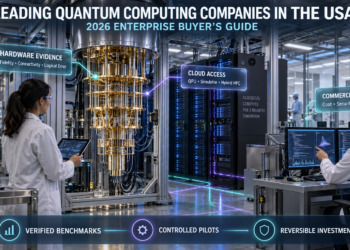 Quantum researchers working beside a dilution refrigerator, classical HPC servers, control electronics, and enterprise quantum-computing dashboards.
