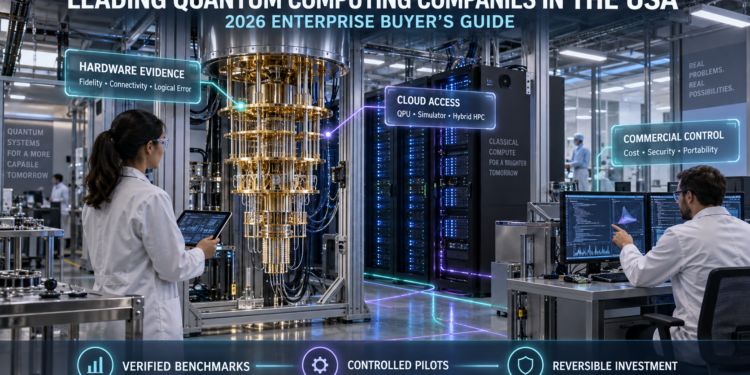 Quantum researchers working beside a dilution refrigerator, classical HPC servers, control electronics, and enterprise quantum-computing dashboards.