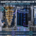 Quantum researchers working beside a dilution refrigerator, classical HPC servers, control electronics, and enterprise quantum-computing dashboards.